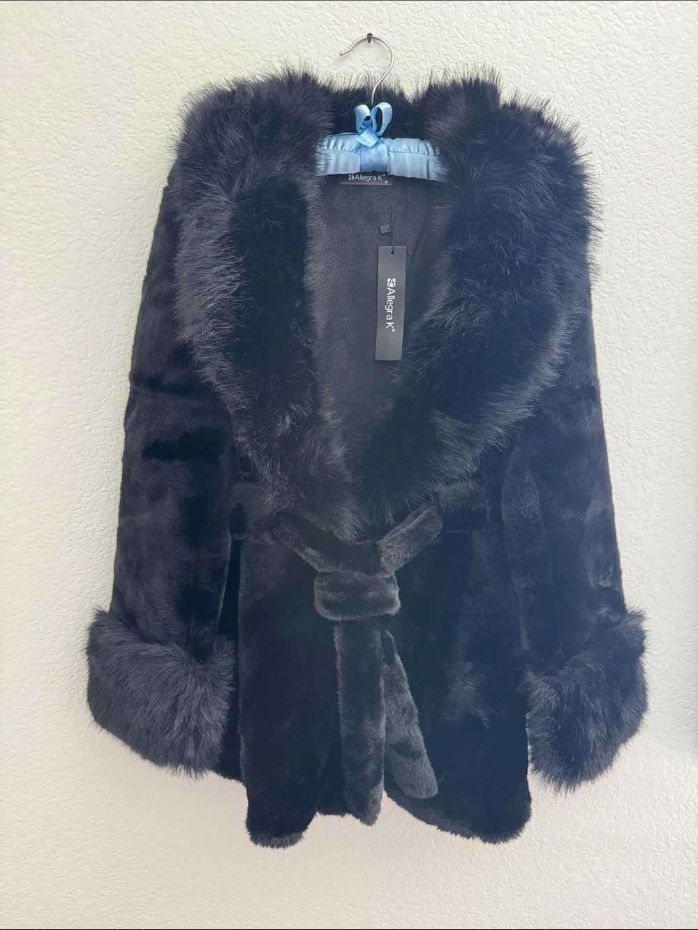 Allegra K Black Faux Fur Trim Coat with Satin Collar